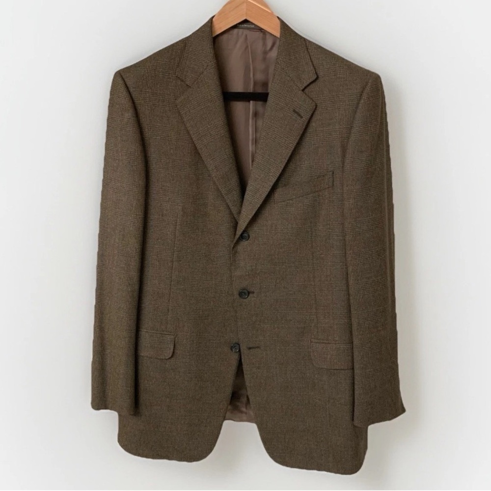 Ermenegildo Zegna Wool 3 Button Sport Coat Blazer 44L Brown Plaid Blue
